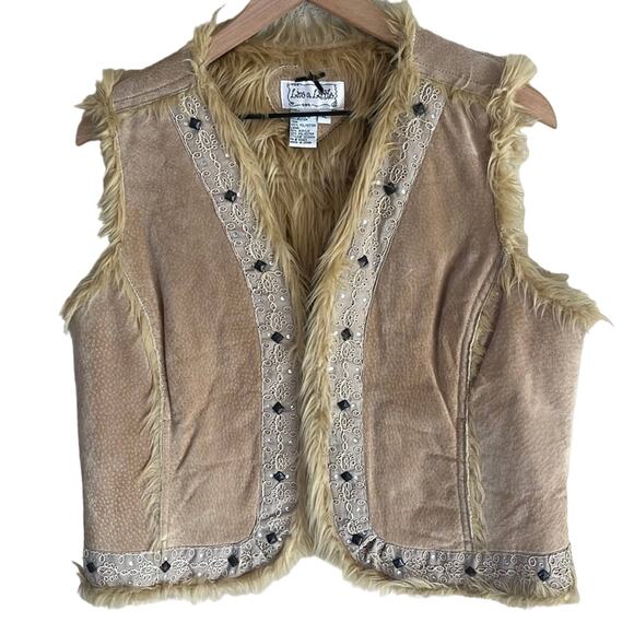 Vintage Jackets & Blazers - Vtg Penny Lane Leather Vest XL Studded Faux Fur Embellished Rhinestones Y2K 90s
